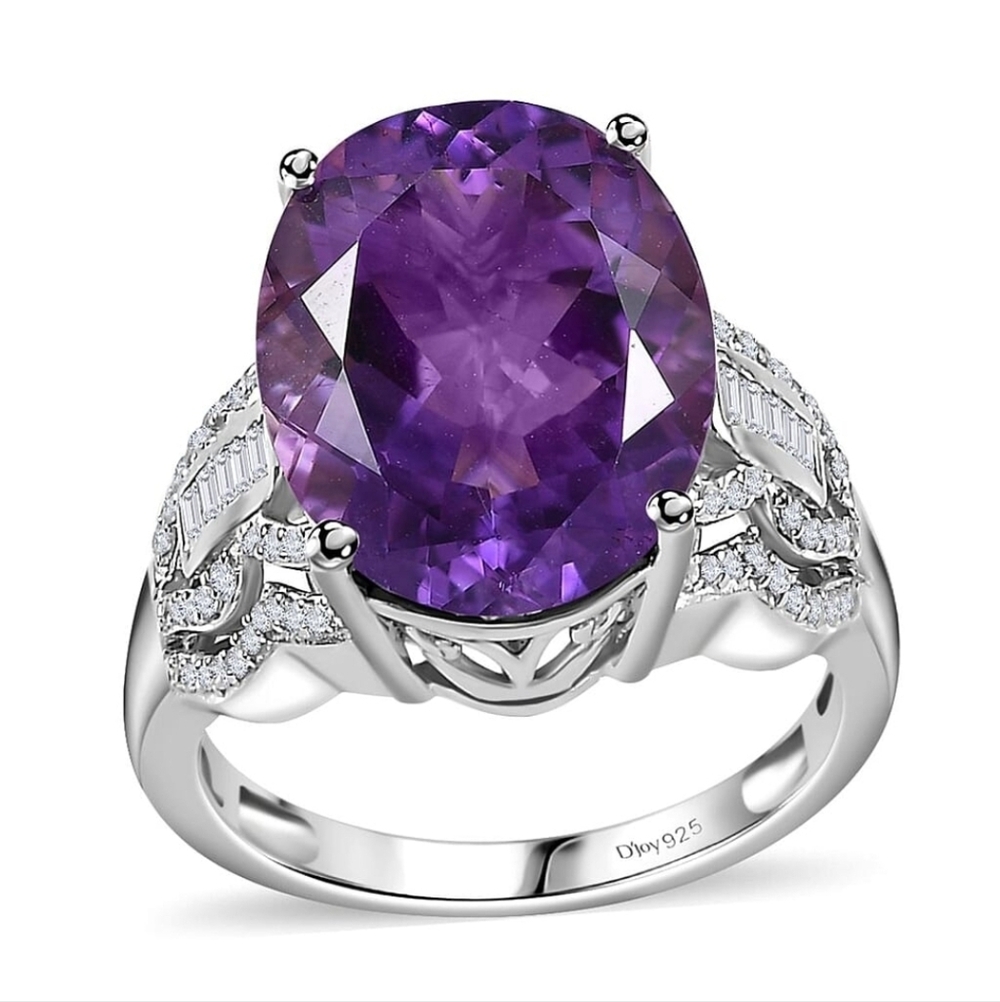 Natural Morrocan Amethyst & White Zircon Ring Sterling Silver Rhodium Sz 7 - Picture 2 of 10